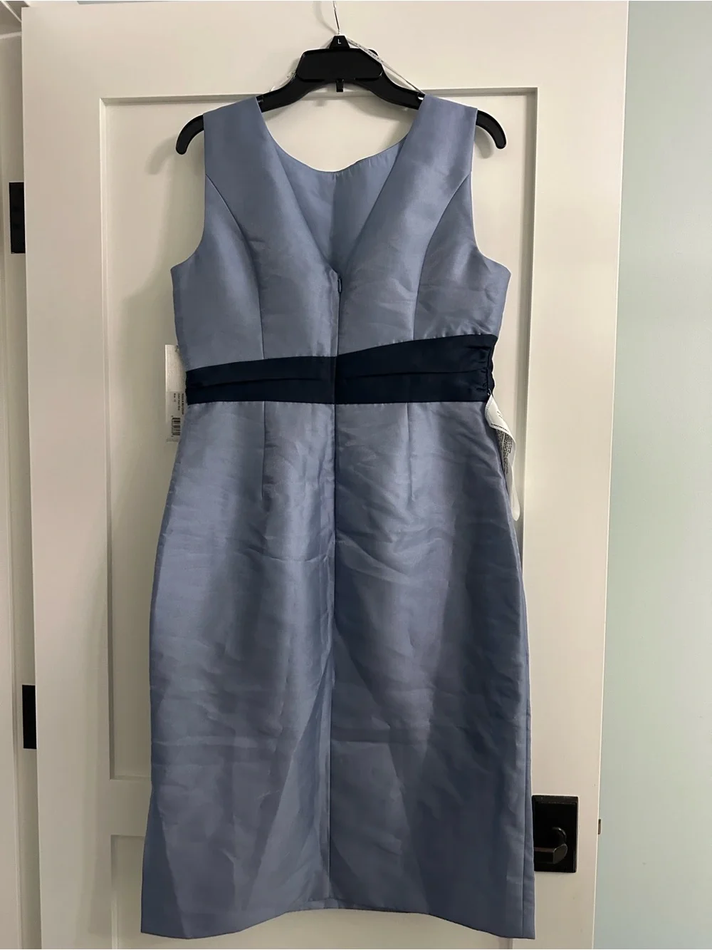 Kay Unger Slate Blue Satin Midi Dress with Navy Waist Sash - Picture 3 of 5
